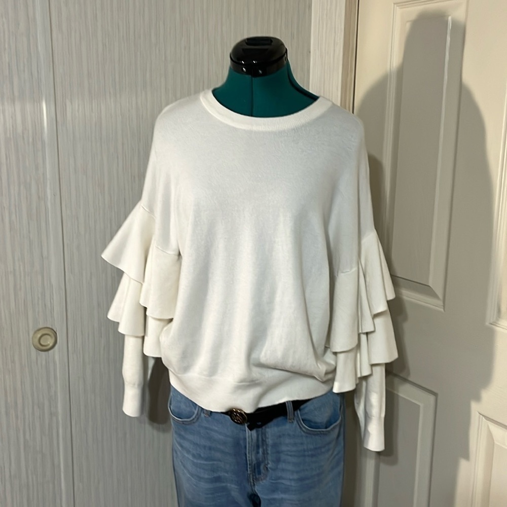 Women's White Ruffle Sleeve Sweater - Classic Crewneck